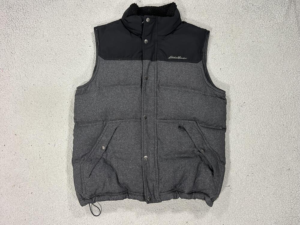 Eddie Bauer Vest Mens Medium Gray Down Puffer Fleece Collar Zip Pockets Hiking